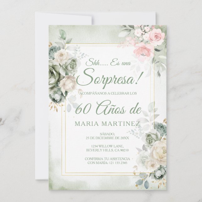 Invitación Spanish Green Floral Sorpresa 60 Años Birthday (Anverso)