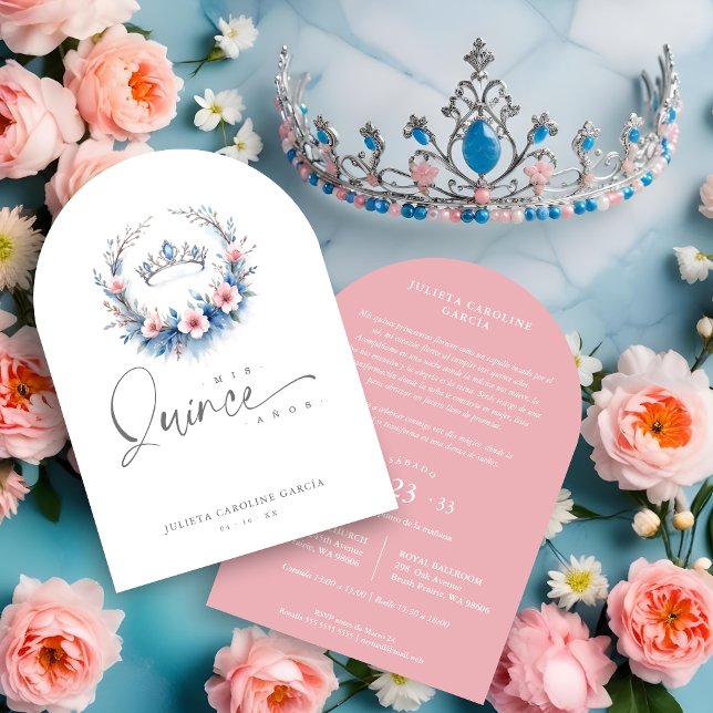 Invitación Spanish Lovely Blue Pink Floral Quinceañera Tiara (Spanish Romantic Blue & Pink Floral Quinceañera Invitations Cards with Tiara Design.)