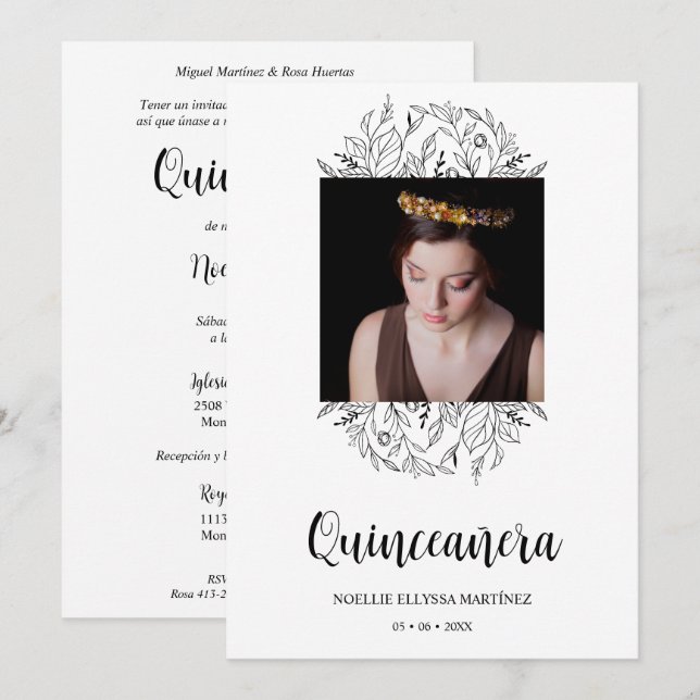 Invitación Spanish Luxury Wildflowers Frame Quinceañera Photo (Anverso / Reverso)