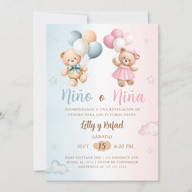Invitación Spanish Nino o Nina Teddy Bear Gender Reveal (Anverso)
