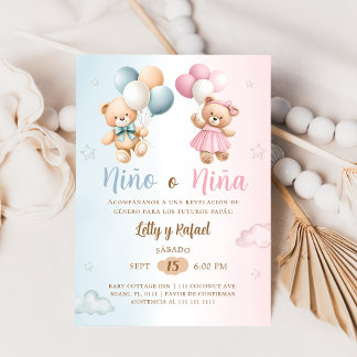 Invitación Spanish Nino o Nina Teddy Bear Gender Reveal