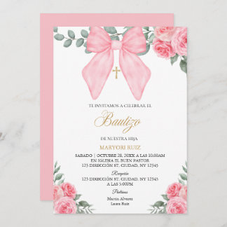 Invitación Spanish Pink bow florals girl Baptism