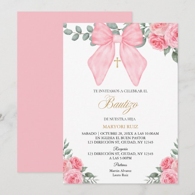 Invitación Spanish Pink bow florals girl Baptism (Anverso / Reverso)