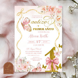 Invitación SPANISH Pink Butterfly Bautizo Y Primer Anito