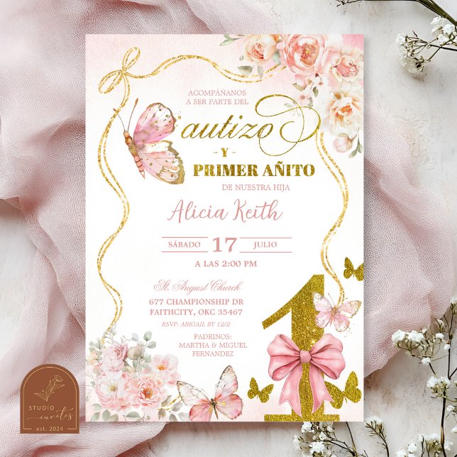 Invitación SPANISH Pink Butterfly Bautizo Y Primer Anito (Subido por el creador)