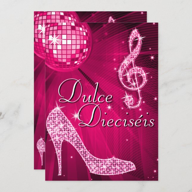 Invitación Spanish Pink Disco Ball & Sparkle Heels Sweet 16 (Anverso / Reverso)