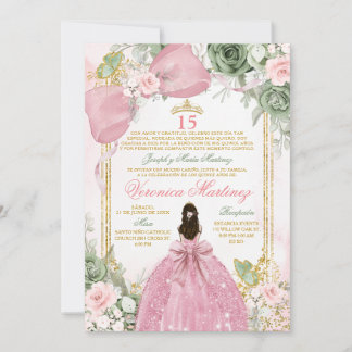 Invitación Spanish Pink Sage Green Charra Princess Floral 15