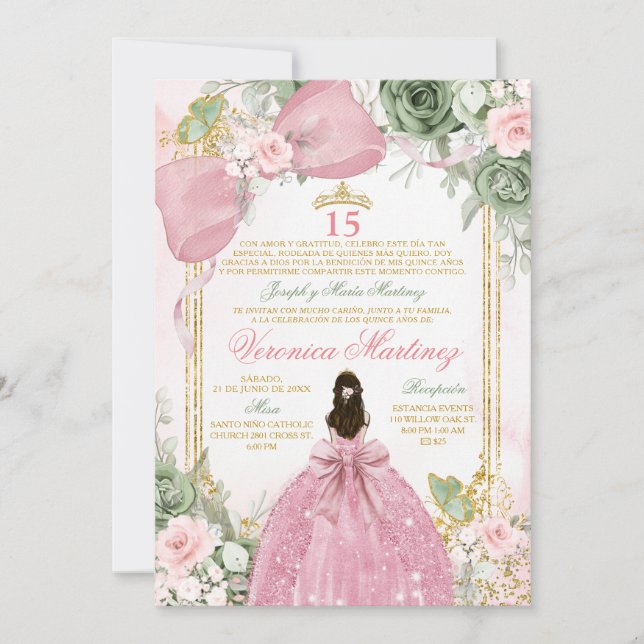 Invitación Spanish Pink Sage Green Charra Princess Floral 15 (Anverso)