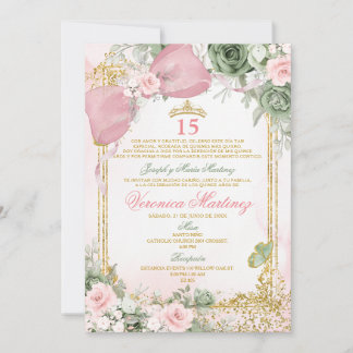 Invitación Spanish Pink & Sage Green Floral 15 Años Birthday