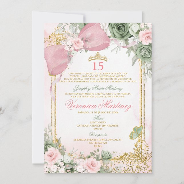 Invitación Spanish Pink & Sage Green Floral 15 Años Birthday (Anverso)