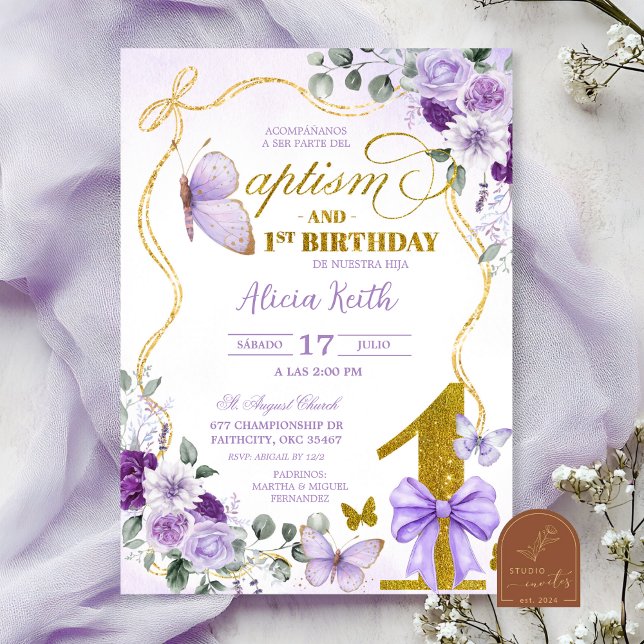 Invitación SPANISH Purple Butterfly Bautizo Y Primer Anito (Subido por el creador)