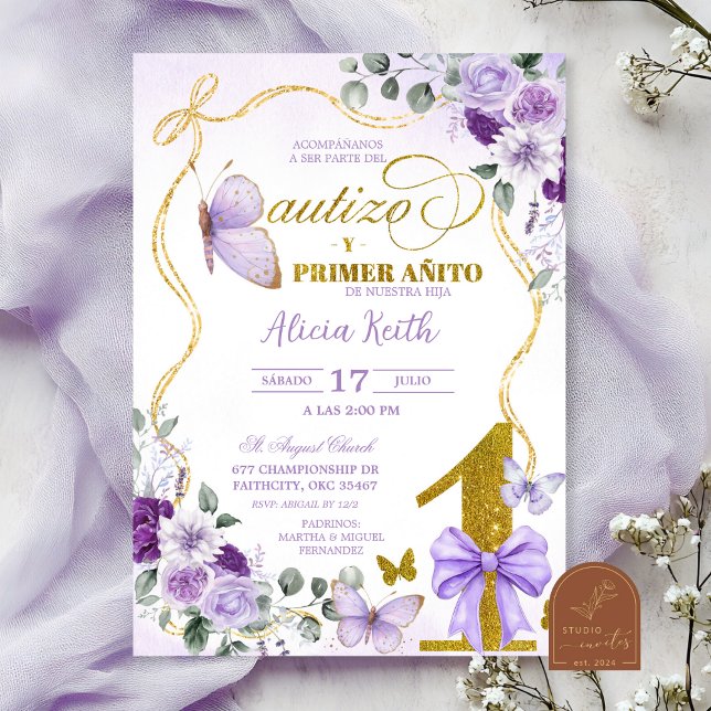 Invitación SPANISH Purple Butterfly Bautizo Y Primer Anito (Subido por el creador)
