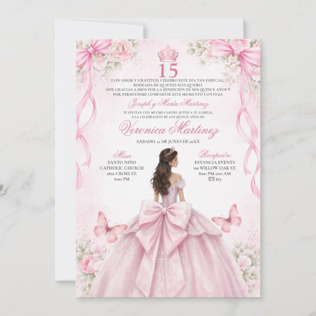 Invitación Spanish Quinceañera Blush Pink 15 Años Princess (Anverso)