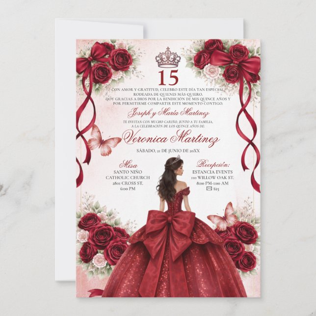 Invitación Spanish Quinceañera Burgundy Red 15 Años Princess (Anverso)