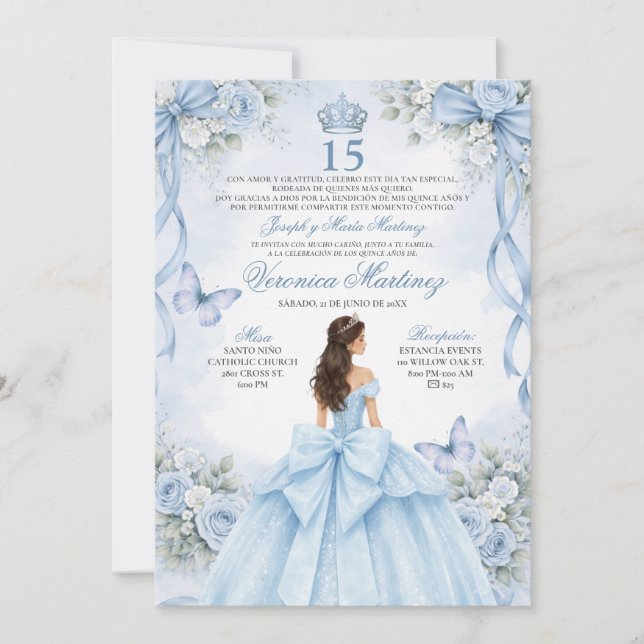Invitación Spanish Quinceañera Dusty Blue 15 Años Princess (Anverso)