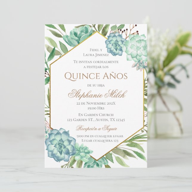 Invitación Spanish Quinceanera Greenery Floral  (Anverso de pie)