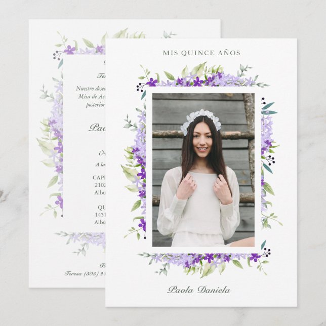Invitación Spanish Quinceañera Photo Flower Branches (Anverso / Reverso)