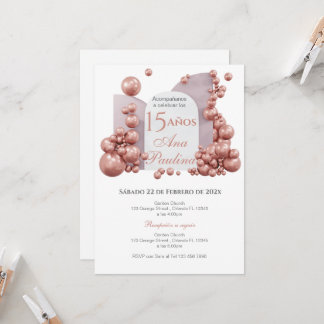 Invitación Spanish Quinceañera Pink Balloons Invitation