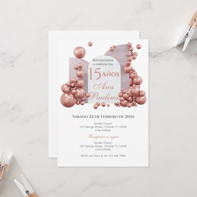 Invitación Spanish Quinceañera Pink Balloons Invitation (Anverso/Reverso In Situ)