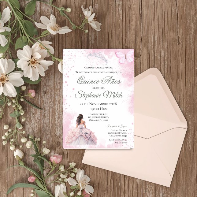 Invitación Spanish Quinceanera pink floral invite (Subido por el creador)