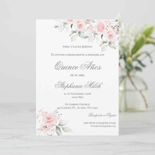 Invitación Spanish Quinceanera pink floral invite (Anverso de pie)