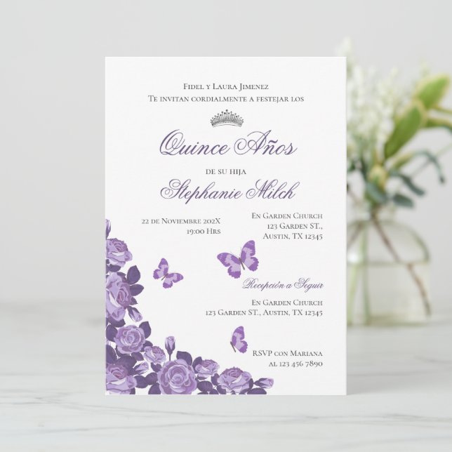 Invitación Spanish Quinceanera purple floral invit (Anverso de pie)