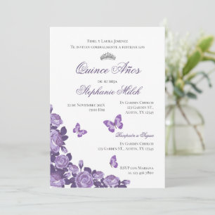 Invitación Spanish Quinceanera purple floral invit
