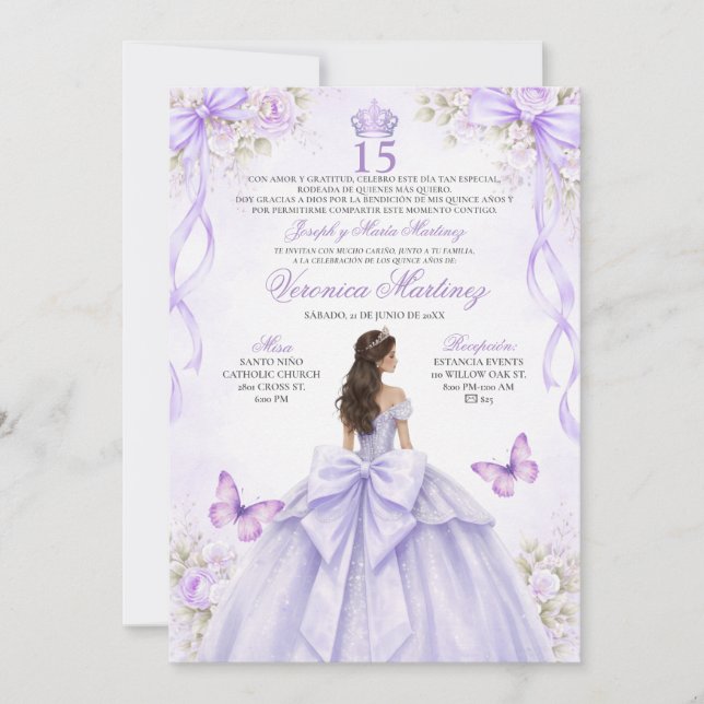 Invitación Spanish Quinceañera Purple Princess Dress 15 Años (Anverso)