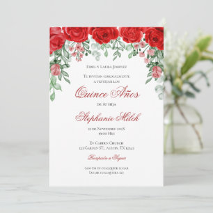 Invitación Spanish Quinceanera red floral invite