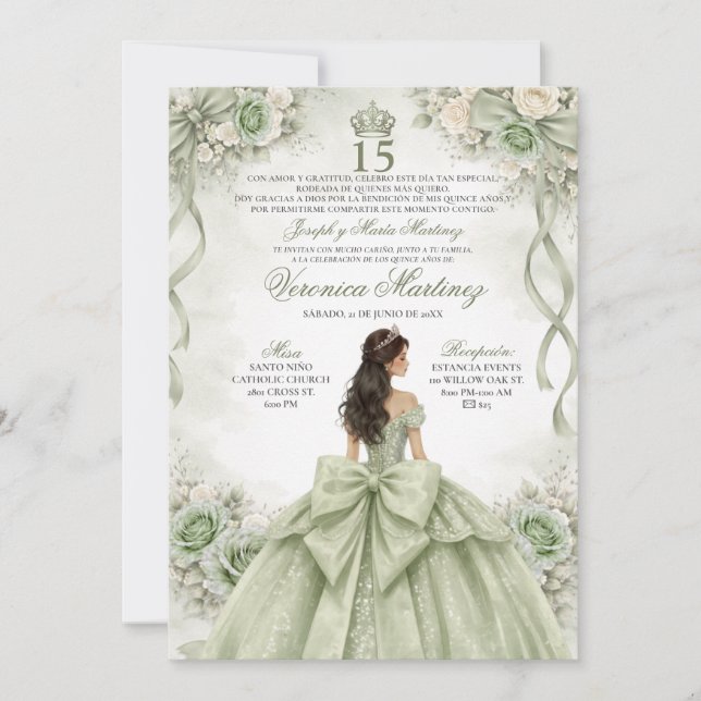 Invitación Spanish Quinceañera Sage Green Princess 15 Años (Anverso)