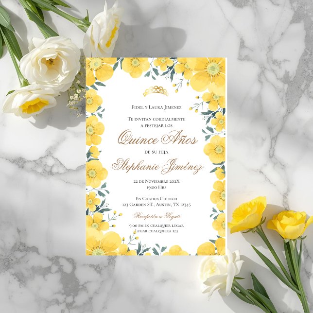 Invitación Spanish Quinceanera yellow floral invit (Subido por el creador)