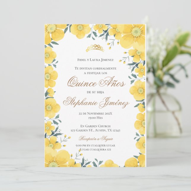 Invitación Spanish Quinceanera yellow floral invit (Anverso de pie)