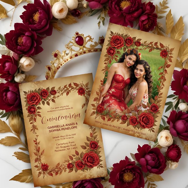 Invitación Spanish Quinceañeras Vintage Romantic Photo (Spanish Quinceañeras Vintage Romantic Photo Red Roses Frame and Gold Shades Invitations Cards.)