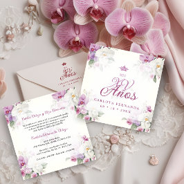 Invitación Spanish Romantic Mis XV Floral Orchids Bouquets