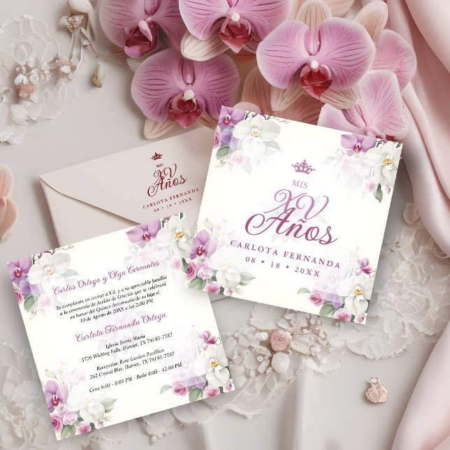 Invitación Spanish Romantic Mis XV Floral Orchids Bouquets (Spanish Romantic Exquisite Floral Orchids Bouquets Mis XV Años Invitation Card. )