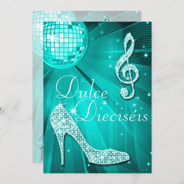 Invitación Spanish Teal Disco Ball and Sparkle Heels Sweet 16 (Anverso / Reverso)