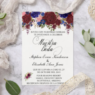 Invitación Spanish Wedding Rose Burgundy Navy Nuestra Boda