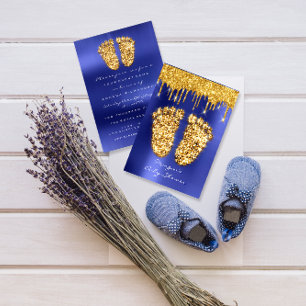 Invitación Spark Drits Gold Royal Blue Baby Shower Feet Boy