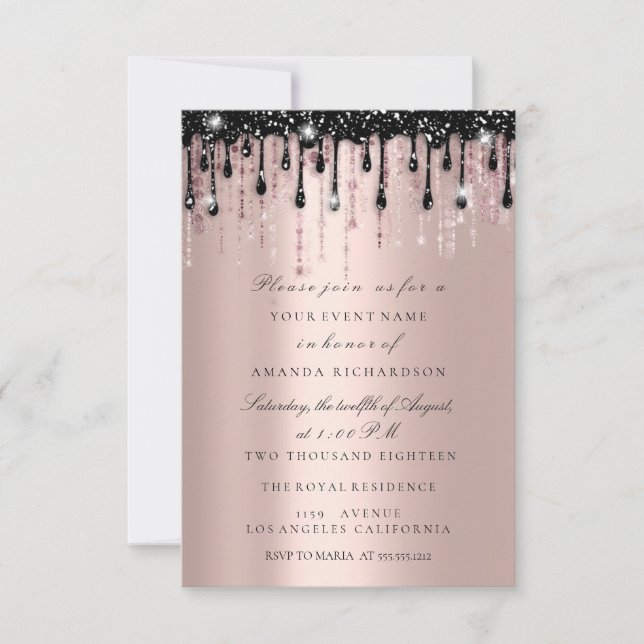 Invitación Spark Glitter Black Drips Rose Bridal Shower  (Anverso)