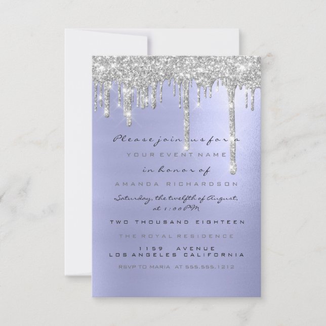 Invitación Spark Glitter Drips Plata Azul Novia Dulce 16 (Anverso)