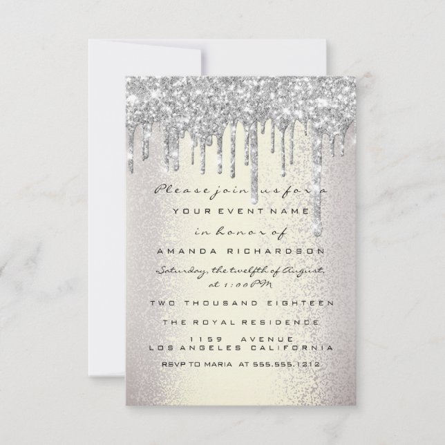 Invitación Spark Glitter Drips Plata Fumado Bridal Dulces 16 (Anverso)