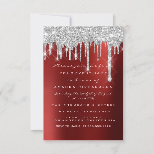 Invitación Spark Glitter Drips Plata Rojo Boda Dulces 16 (Anverso)