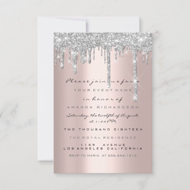 Invitación Spark Glitter Drips Plata Rosa Nupcial Dulces 16 (Anverso)