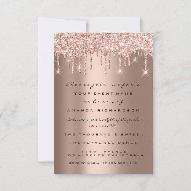 Invitación Spark Glitter Drips Rosa Dorado  Bridal Dulces 16 (Anverso)