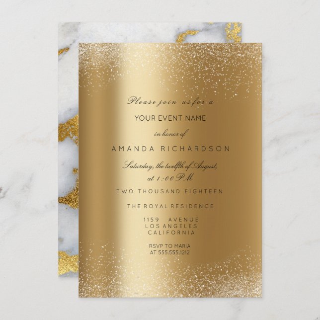 Invitación Spark Gold Metálico Glitter Arena Formal Mármol (Anverso / Reverso)