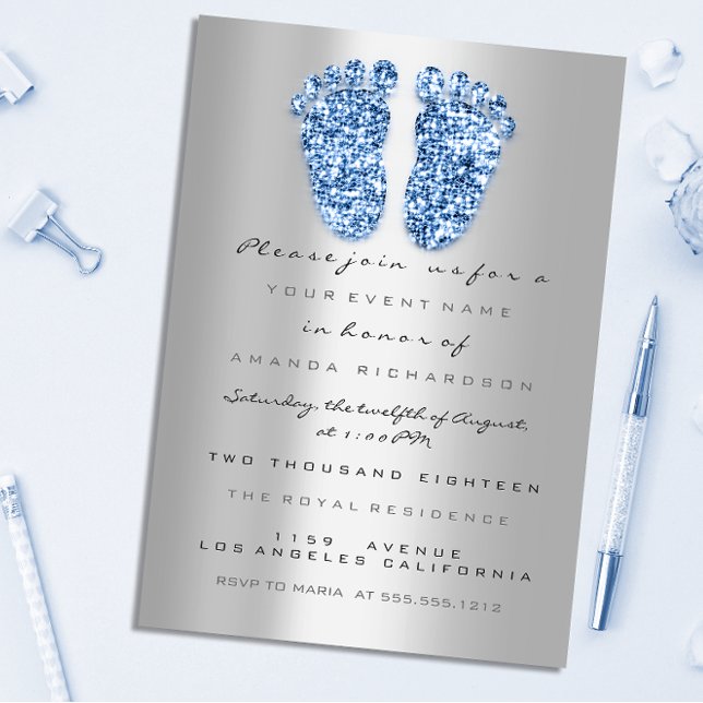 Invitación Spark Purpurina Baby Shower Feet Blue Silver (Subido por el creador)