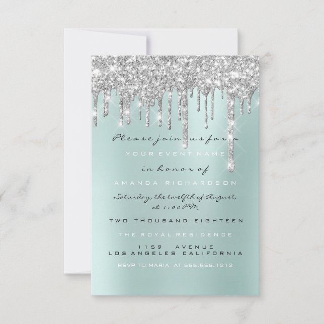 Invitación Spark Purpurina Drips Silver Aqua Bridal Sweet 16t (Anverso)