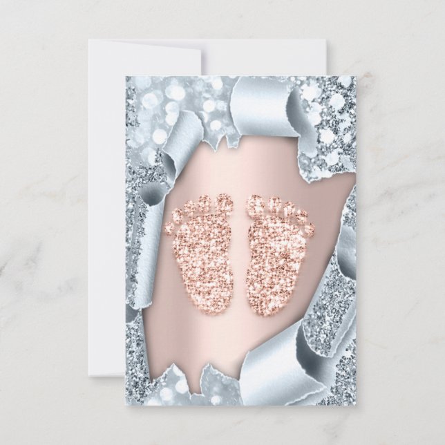 Invitación Spark Purpurina Drits Rosa Blue Baby Shower Feet (Reverso)