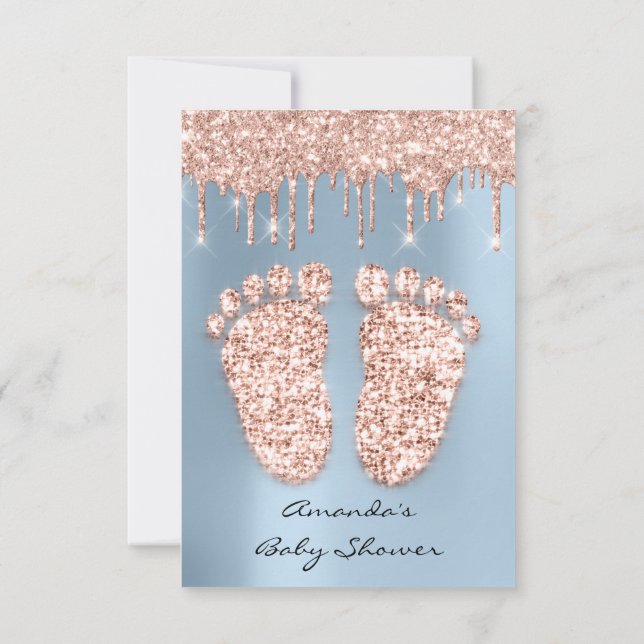 Invitación Spark Purpurina Drits Rosa Blue Baby Shower Feet (Reverso)