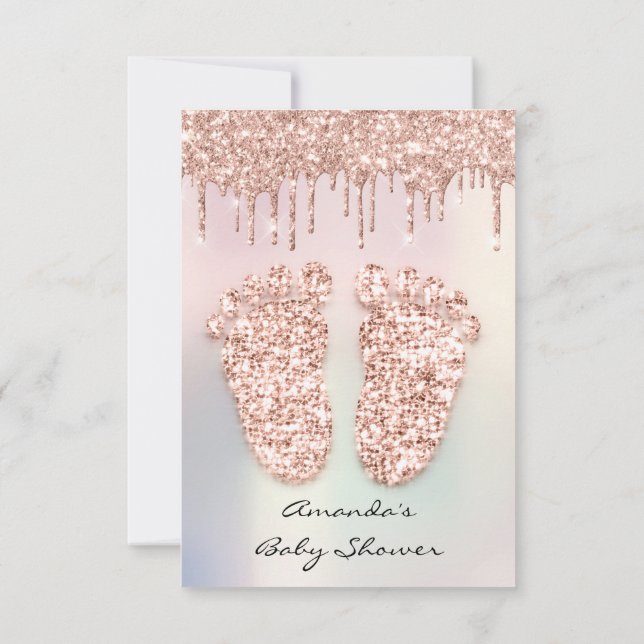 Invitación Spark Purpurina Drits Rosa Pastel Baby Shower Feet (Reverso)